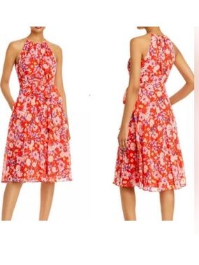 Eliza J Orange Floral Print Halter Dress A Line Cinched Waist | Size 6
